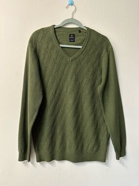 Van Heusen Men's V-Neck Knit Cotton Sweater Green Long Sleeve Size L